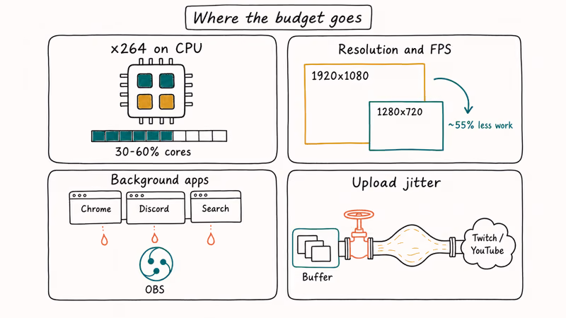 Hand-drawn grid showing OBS overload causes across CPU, resolution, apps, upload.