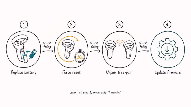 Hand-drawn flow showing four troubleshooting steps from battery swap to firmware update for Quest controller