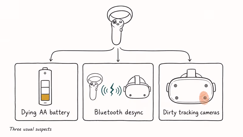 Hand-drawn diagram showing three Meta Quest controller failure causes battery Bluetooth desync and dirty cameras