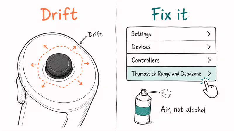 Hand-drawn split panel showing thumbstick drift wobble and Quest deadzone calibration menu path