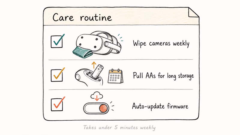Hand-drawn three-item checklist for Quest controller care including camera cleaning battery removal and auto updates