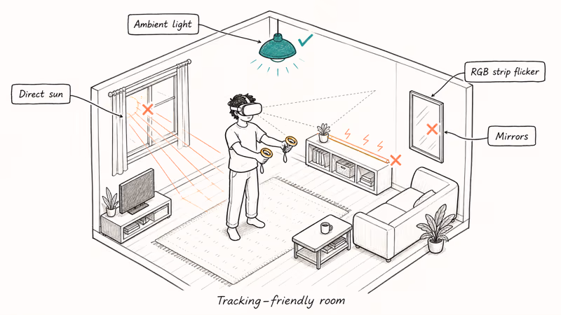Hand-drawn room scene showing light and mirror issues affecting Quest tracking