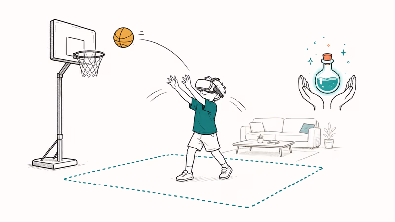 Hand-drawn child playing active VR sports with basketball and hand tracking