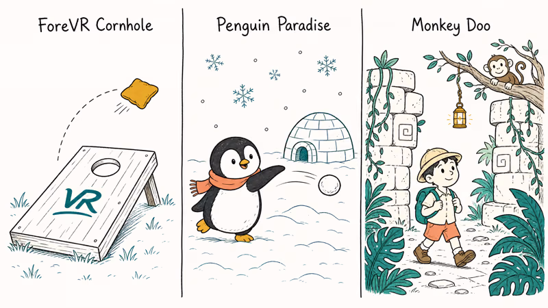 Hand-drawn triptych of creative VR games for kids including cornhole, penguin snowballs, and jungle exploration