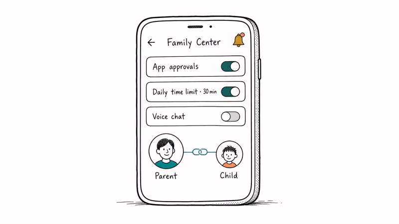 Hand-drawn illustration of Meta Family Center setup screen with parental control toggles and account linking