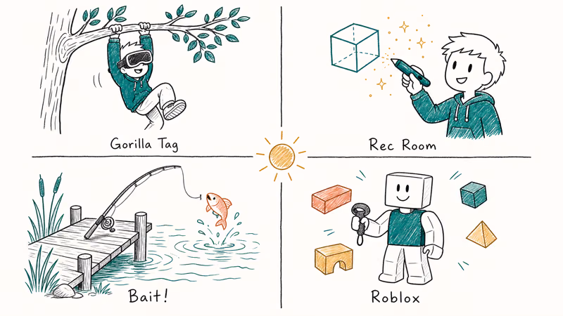Hand-drawn panels showing safe free Meta Quest games for kids