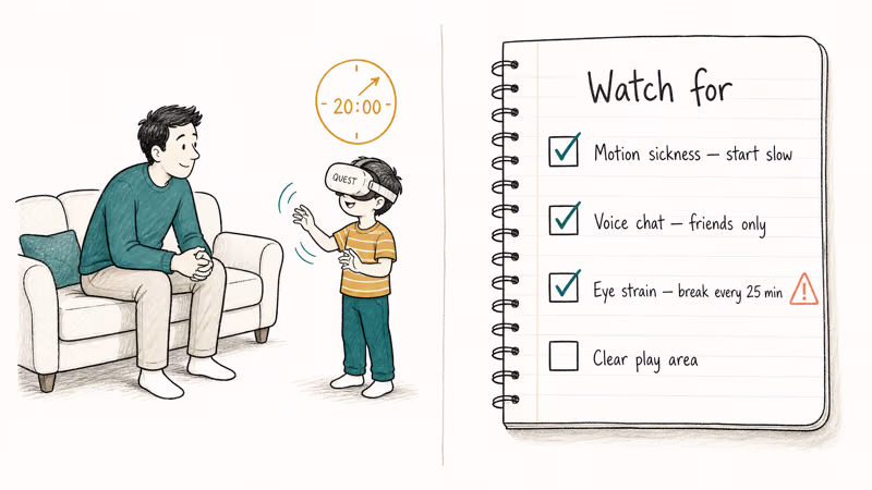 Hand-drawn parent supervising VR play with safety and break reminders