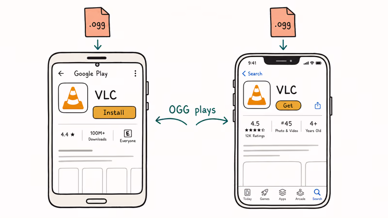 Two hand-drawn phones Android and iPhone installing VLC from app stores to play OGG files