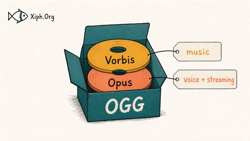 Hand-drawn OGG container box opened to reveal Vorbis and Opus audio codec chips inside