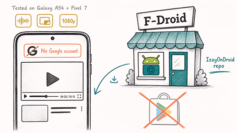 NewPipe streaming YouTube on Android without Google sign-in via F-Droid distribution.