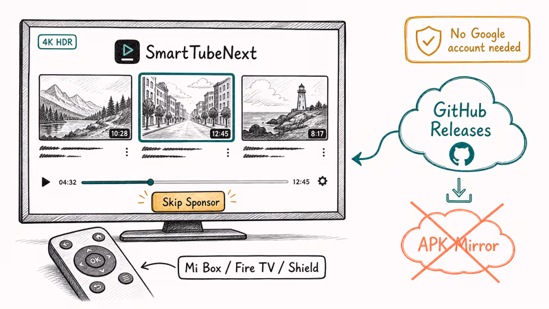 SmartTubeNext on Android TV with sponsor skip and GitHub-only distribution highlighted.