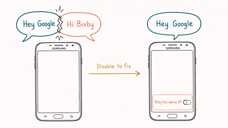 Hand-drawn Samsung phone illustration showing Bixby and Google Assistant wake-word conflict resolved by disabling Bixby.