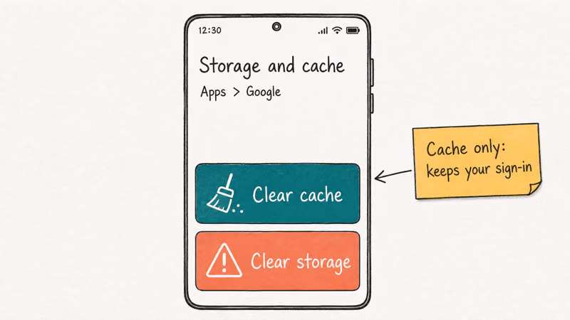 Hand-drawn Android Storage and cache screen with Clear cache and Clear storage buttons highlighted.