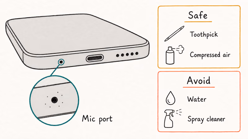 Hand-drawn smartphone microphone port closeup with safe cleaning tools beside avoid water warning panel.