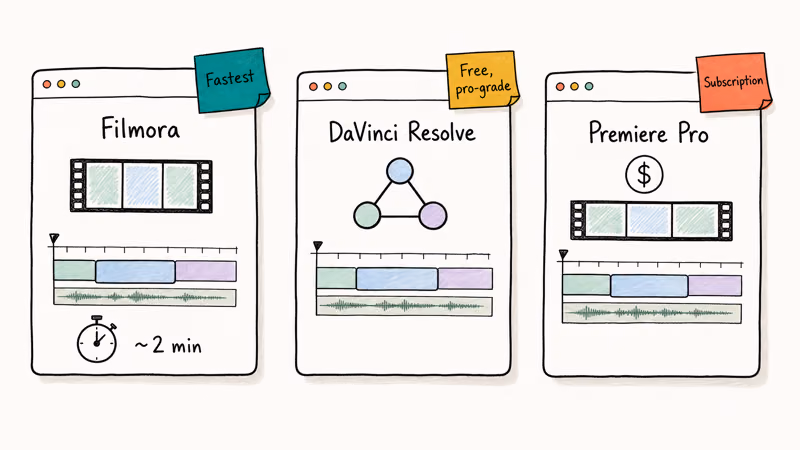 Side-by-side hand-drawn cards comparing Filmora, DaVinci Resolve, and Premiere Pro for old film edits