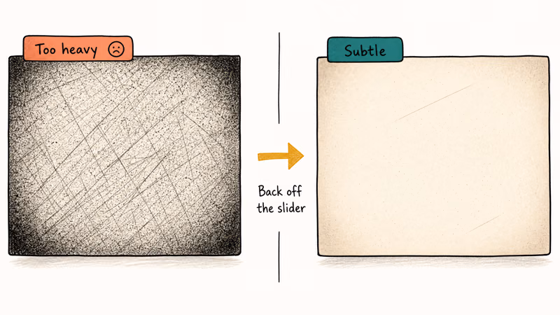 Two side-by-side hand-drawn frames contrasting heavy and subtle old film effect intensity settings