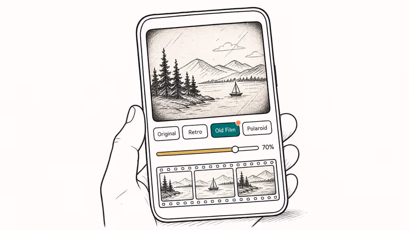 Hand-drawn phone screen showing a Retro filter carousel with Old Film selected and strength slider