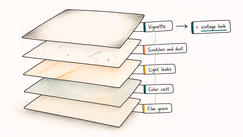 Hand-drawn stacked layer diagram of vintage video elements: grain, color cast, leaks, scratches, vignette