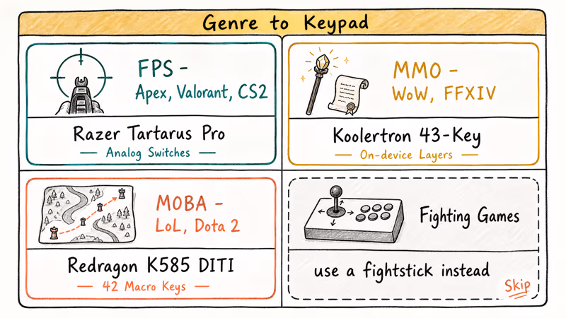 Matchup grid pairing FPS MMO MOBA and fighting genres to recommended one-handed keypads