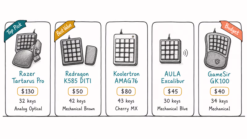 Lineup of five gaming keypads compared by price programmable keys and switch type for 2026