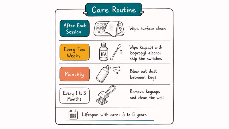 Maintenance routine card showing wipe alcohol clean compressed air and keycap pull intervals