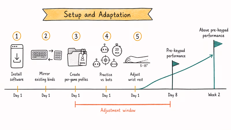 Horizontal timeline showing five setup steps and a one to two week keypad adjustment window