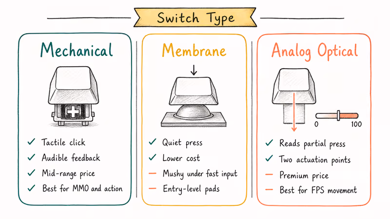 Three column comparison of mechanical membrane and analog optical switches for gaming keypads