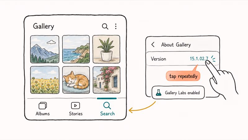 Samsung Gallery app with hidden search tab unlocked through the Gallery Labs version number trick