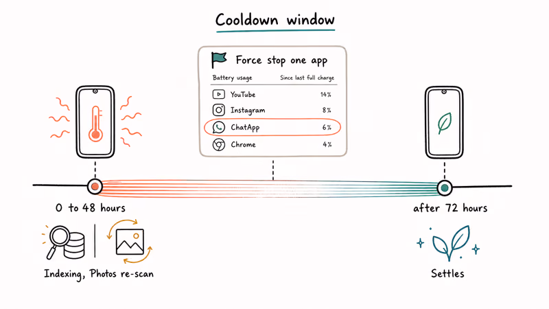 Galaxy phone cooldown window showing normal heat settling within seventy-two hours