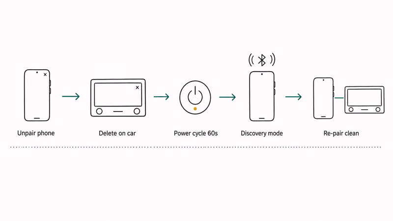 Five connected step tiles showing the unpair delete power cycle rediscover and re-pair Bluetooth flow for Galaxy phones