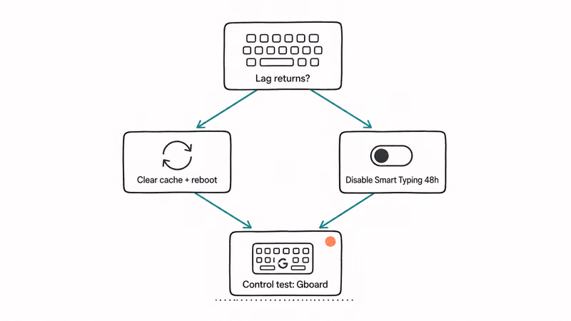 Decision flow chart showing clear cache disable Smart Typing and Gboard control test triage steps for Samsung Keyboard