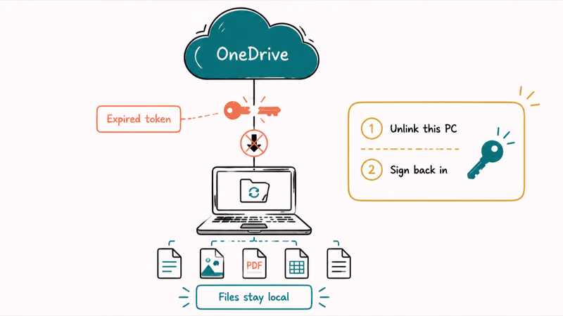 Laptop with an expired token blocking OneDrive downloads while local files stay safe during re-sign-in