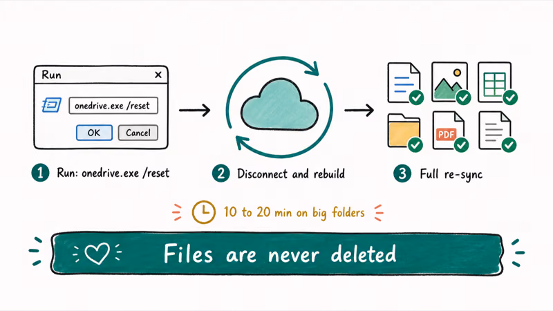 Three-stage OneDrive reset flow from Run command to rebuilt sync with files never deleted