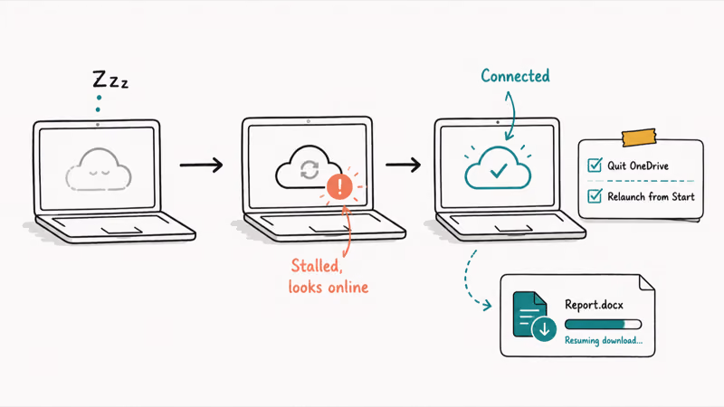 Laptop waking from sleep with stalled OneDrive sync fixed by quitting and relaunching the process