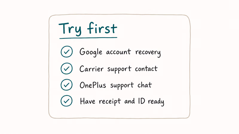 Checklist card with four legitimate steps to try before any FRP bypass including Google carrier and OnePlus support