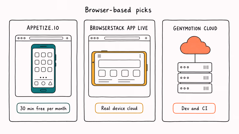 Three hand-drawn cards showing Appetize, BrowserStack App Live, and Genymotion Cloud browser-based emulators.