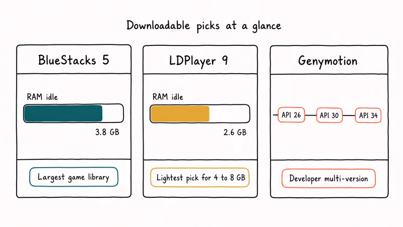 Hand-drawn comparison of BlueStacks, LDPlayer, and Genymotion desktop emulators with RAM and use case tags.