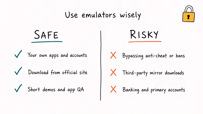 Hand-drawn two-column checklist contrasting safe and risky uses of Android emulators.