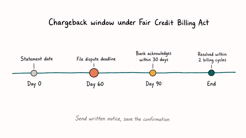 Hand-drawn timeline showing chargeback window and resolution stages under billing law.