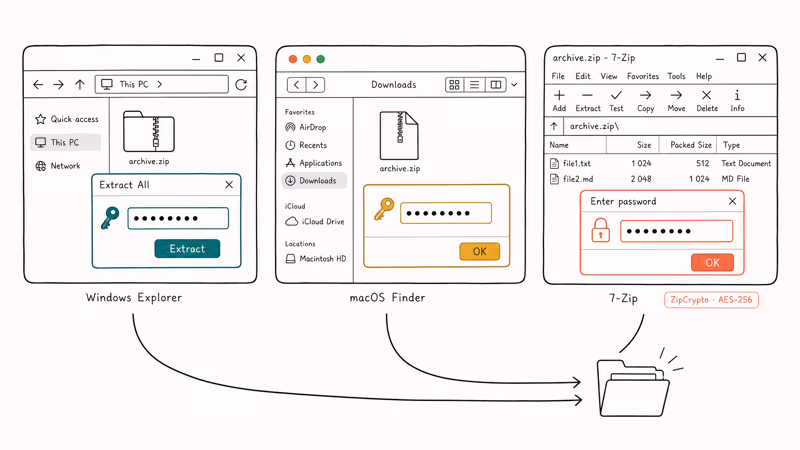 Hand-drawn password prompts unlocking a ZIP archive across three apps