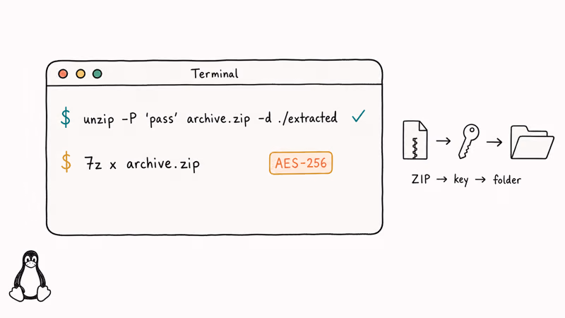 Hand-drawn Linux terminal shows unzip and 7z commands extracting a password protected ZIP file