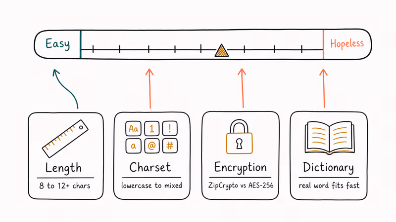 Hand-drawn infographic shows four factors that decide ZIP password recovery difficulty along a feasibility meter