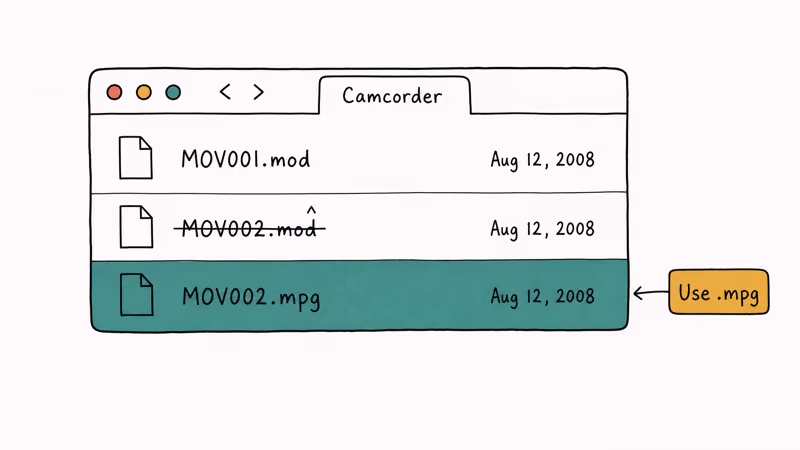 Hand-drawn Finder window showing a MOD filename being renamed to MPG extension on Mac