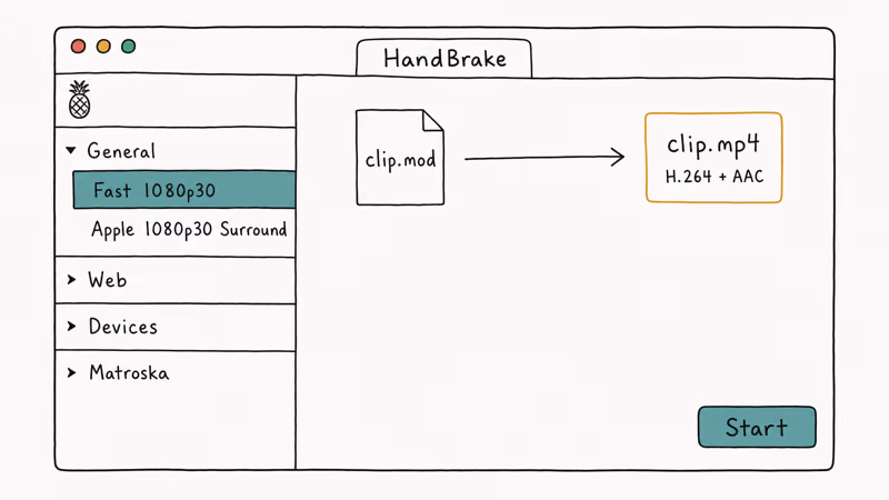Hand-drawn HandBrake interface showing Fast 1080p30 preset selected for MP4 H.264 conversion