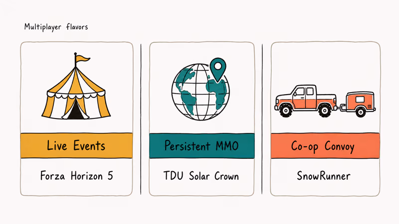 Hand-drawn three-column comparison of Forza, Solar Crown, and SnowRunner multiplayer modes