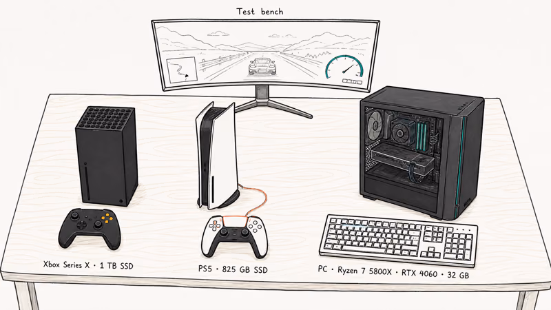 Top-down hand-drawn illustration of Xbox Series X, PS5, and Windows PC used for testing
