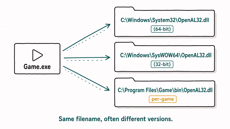 Diagram showing OpenAL32 dll located in System32, SysWOW64, and the per-game bin folder.