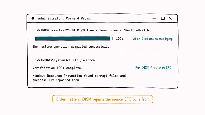 Admin Command Prompt showing DISM RestoreHealth followed by sfc scannow with successful repair output.