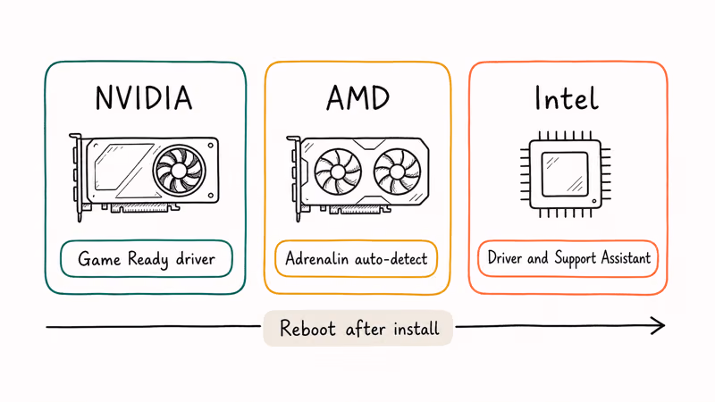 Hand-drawn comparison of NVIDIA AMD and Intel graphics driver download paths with reboot reminder.