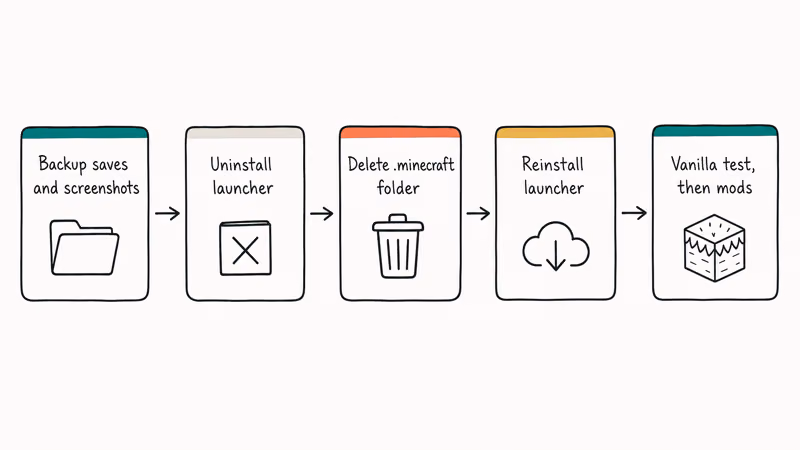 Hand-drawn five step flowchart for cleanly reinstalling Minecraft from backup through vanilla test launch.